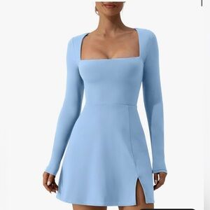 NWT Athletic - Airy Blue Long Sleeve - Square Neck Dress Side Slit A Line Flare